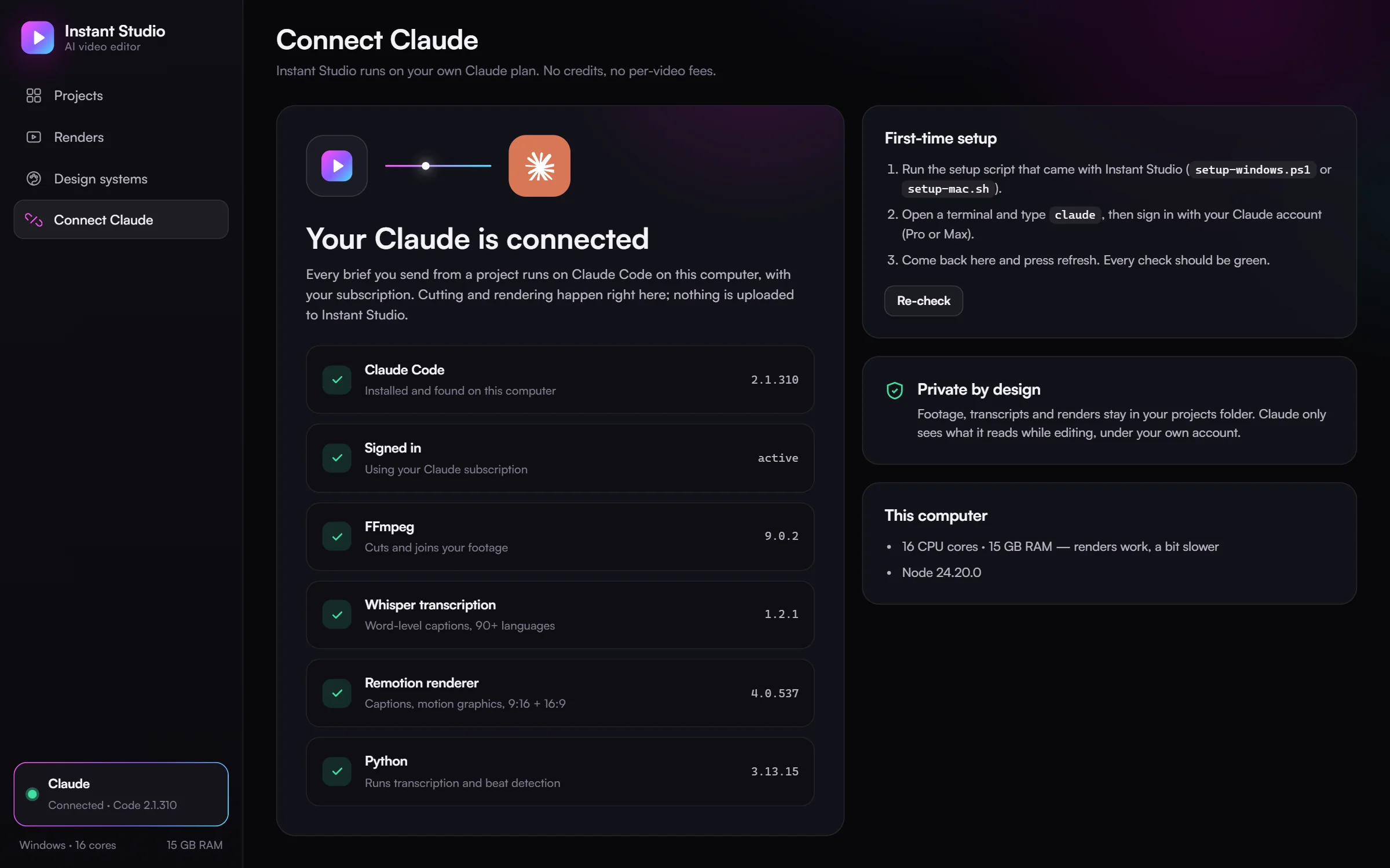 Connect Claude: health check for Claude Code, FFmpeg, Whisper and Remotion